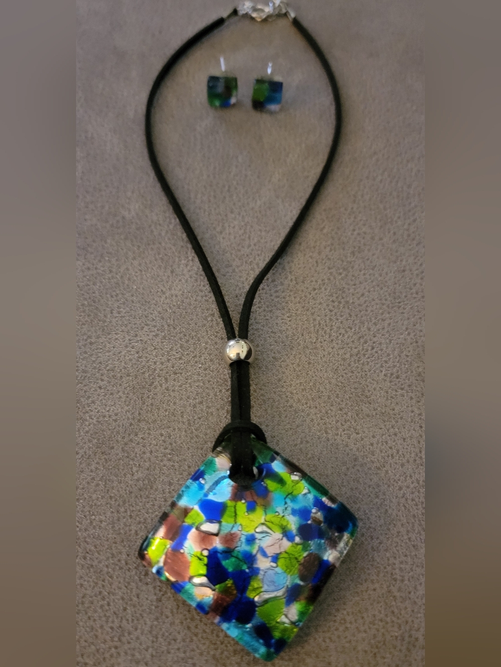 Murano Glass Square Pendant Necklace with Matching Stud Earrings